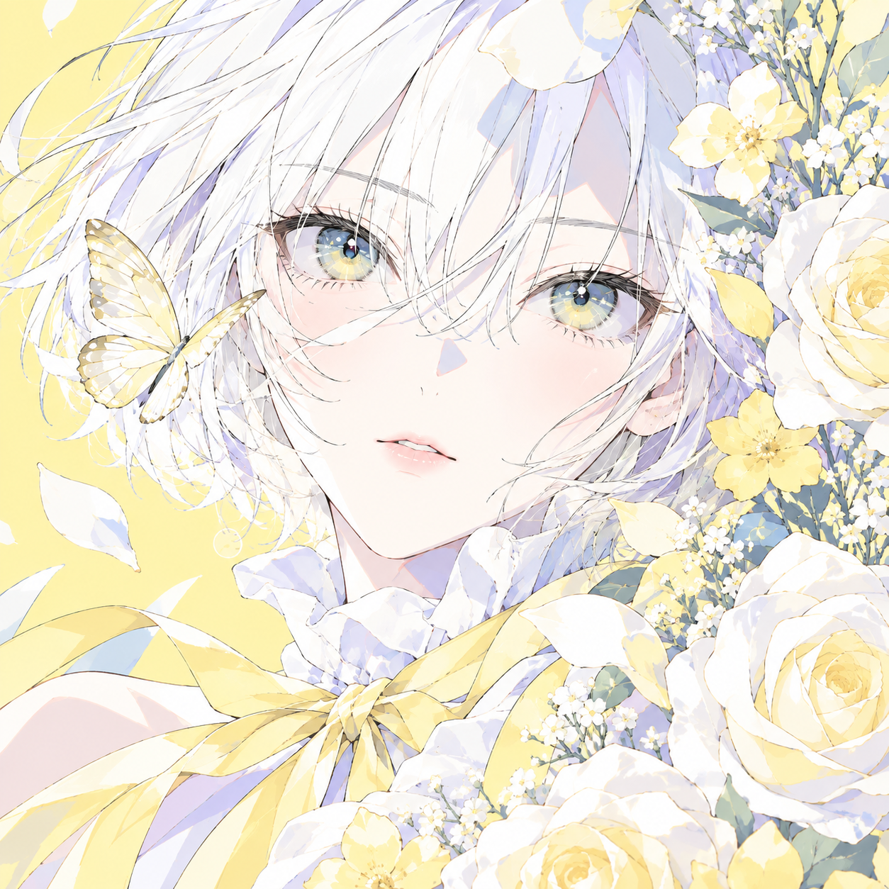 白銀の髪と淡い琥珀色の瞳をもつ女性を、繊細な線と淡い色面で描いたイラスト